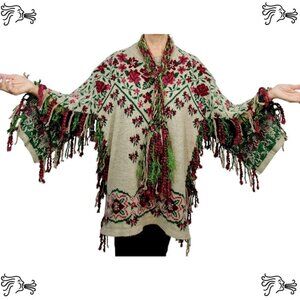 Upcycled Green and Mauve Roses Sweater Poncho Handknotted Fringe Crocheted Scarf
